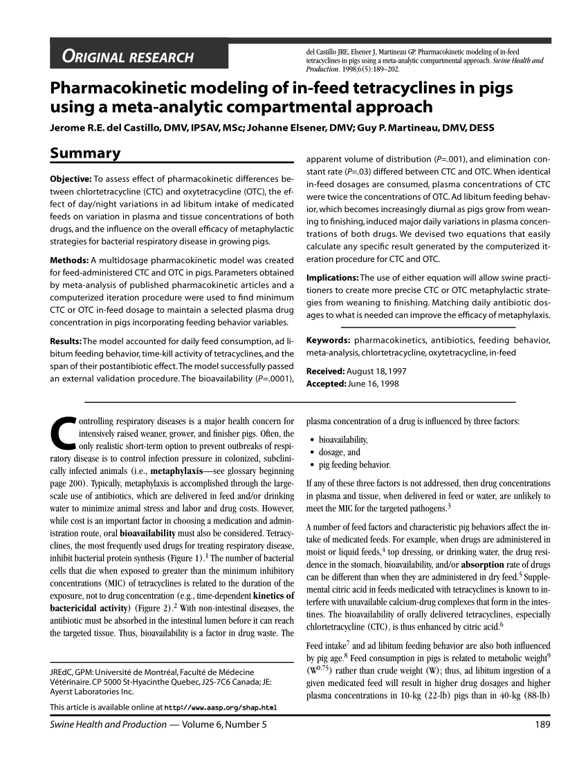 Pdf Pharmacokinetic Modeling Of In Feed Tetracyclines In Pigs Using A Meta Analytic Compartmental Approach