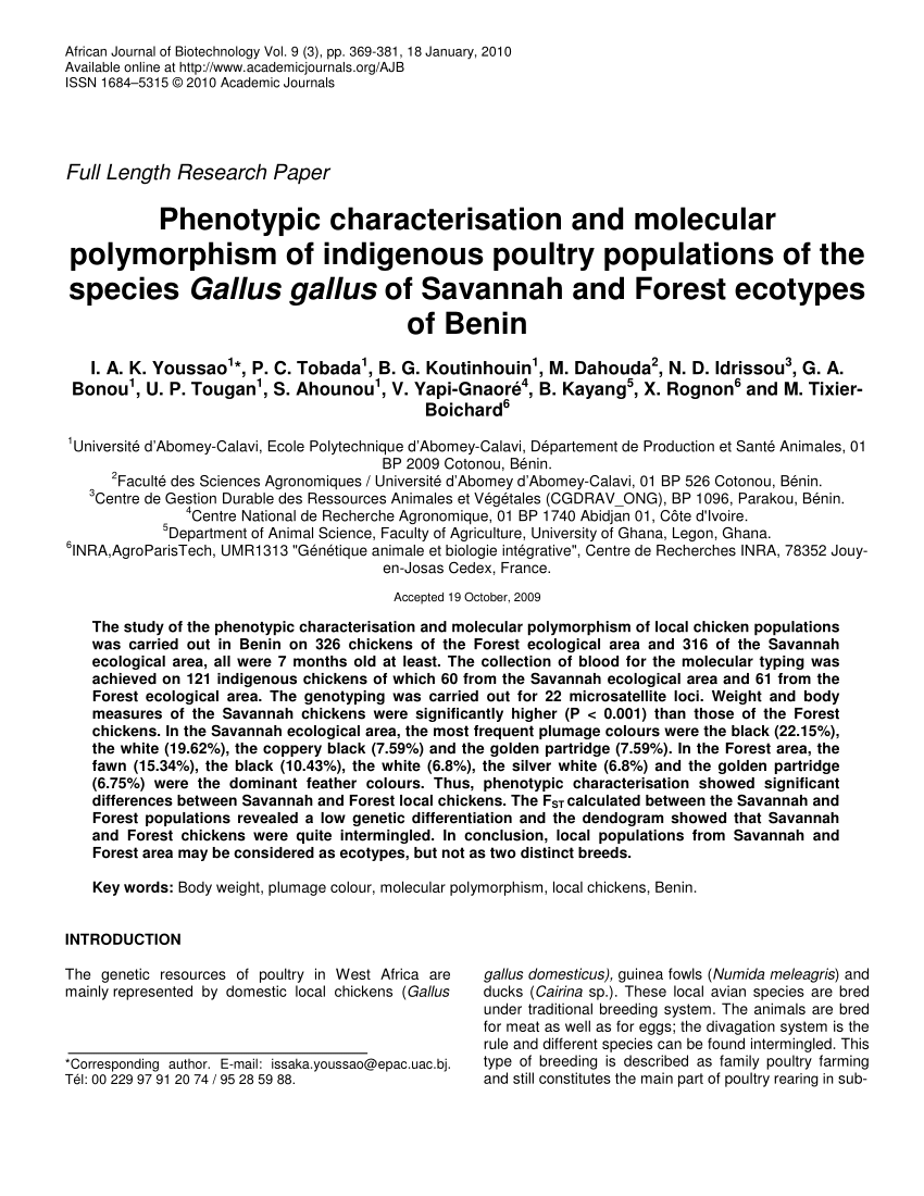 PDF) Phenotypic characterisation and molecular polymorphism of indigenous  poultry populations of the species Gallus gallus of Savannah and Forest  ecotypes of Benin