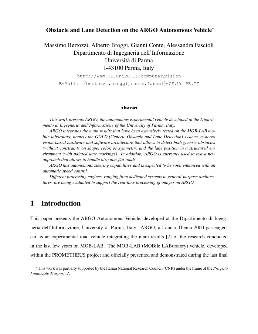 PDF Obstacle and Lane Detection on the ARGO Autonomous Vehicle