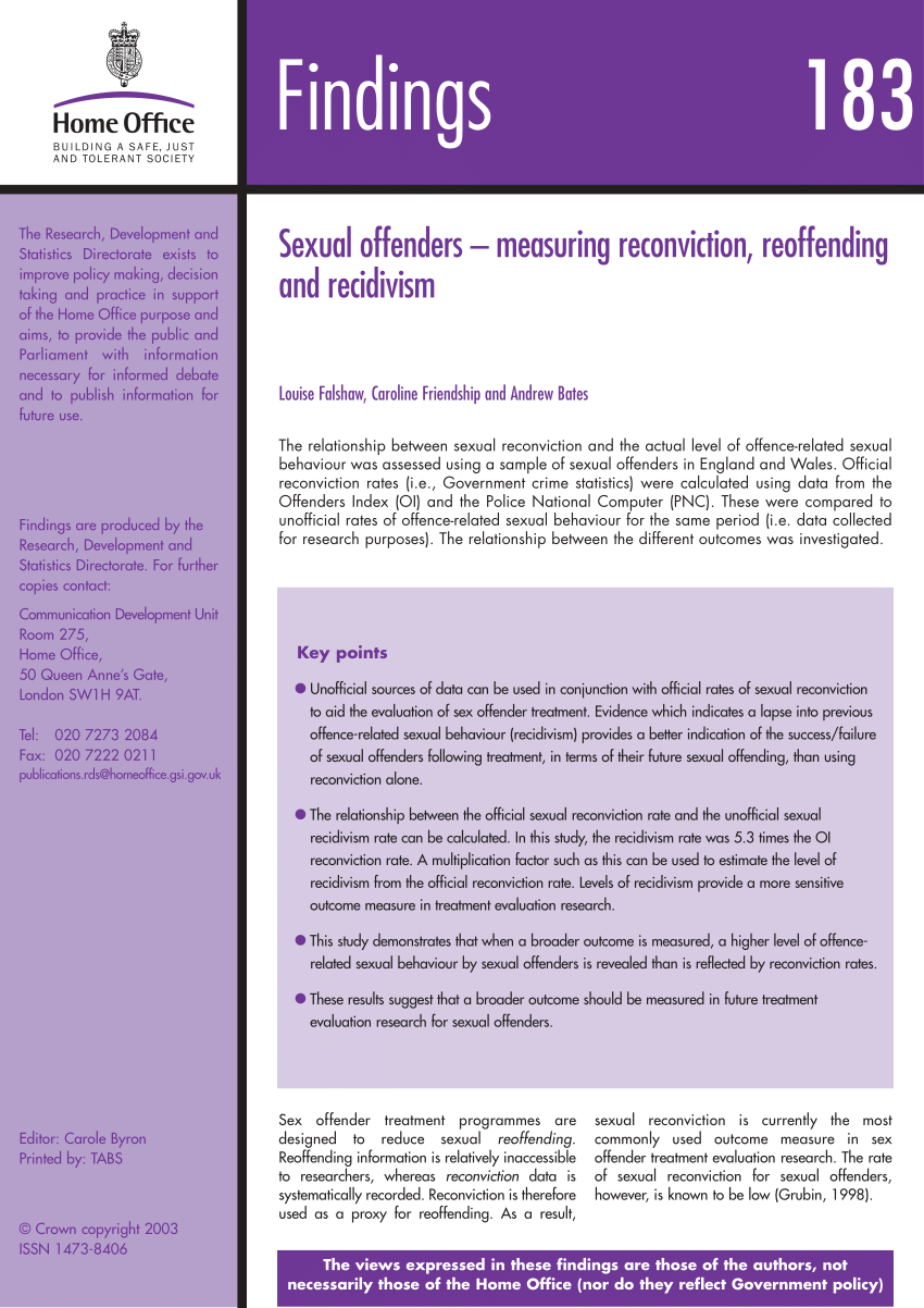 Pdf Sexual Offenders Measuring Reconviction Reoffending And Recidivism