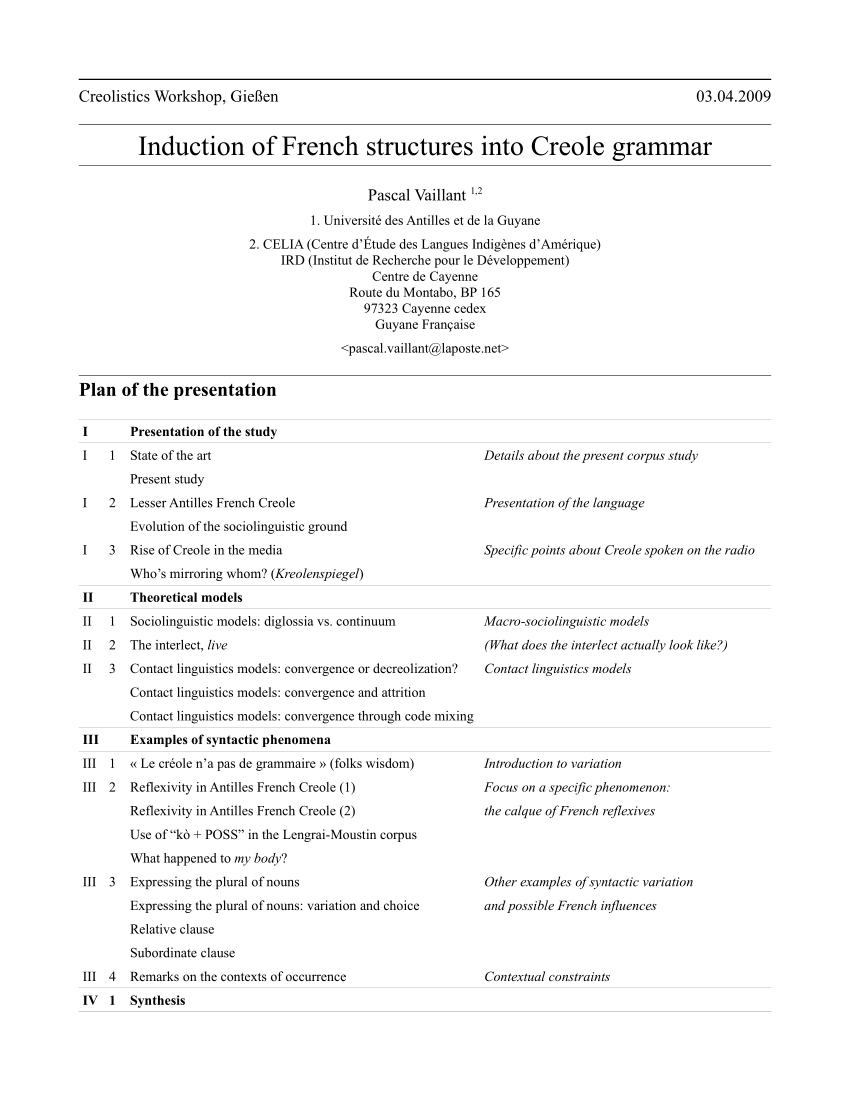 Pdf Induction Of French Structures Into Creole Grammar