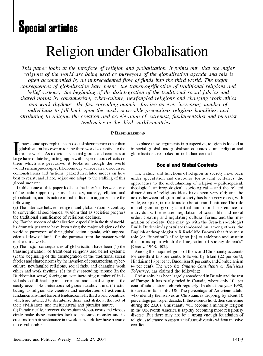 write an academic paper on the globalization of religion conduct a research on this topic