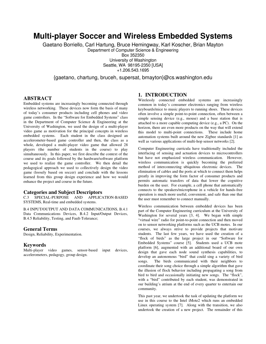 PDF Multiplayer soccer and wireless embedded systems