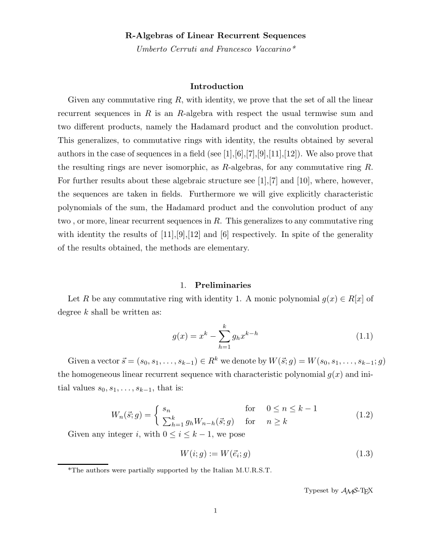 Pdf R Algebras Of Linear Recurrent Sequences