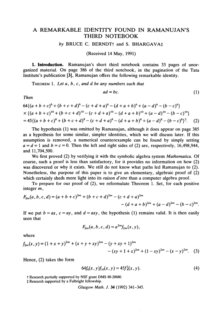 Pdf A Remarkable Identity Found In Ramanujan S Third Notebook