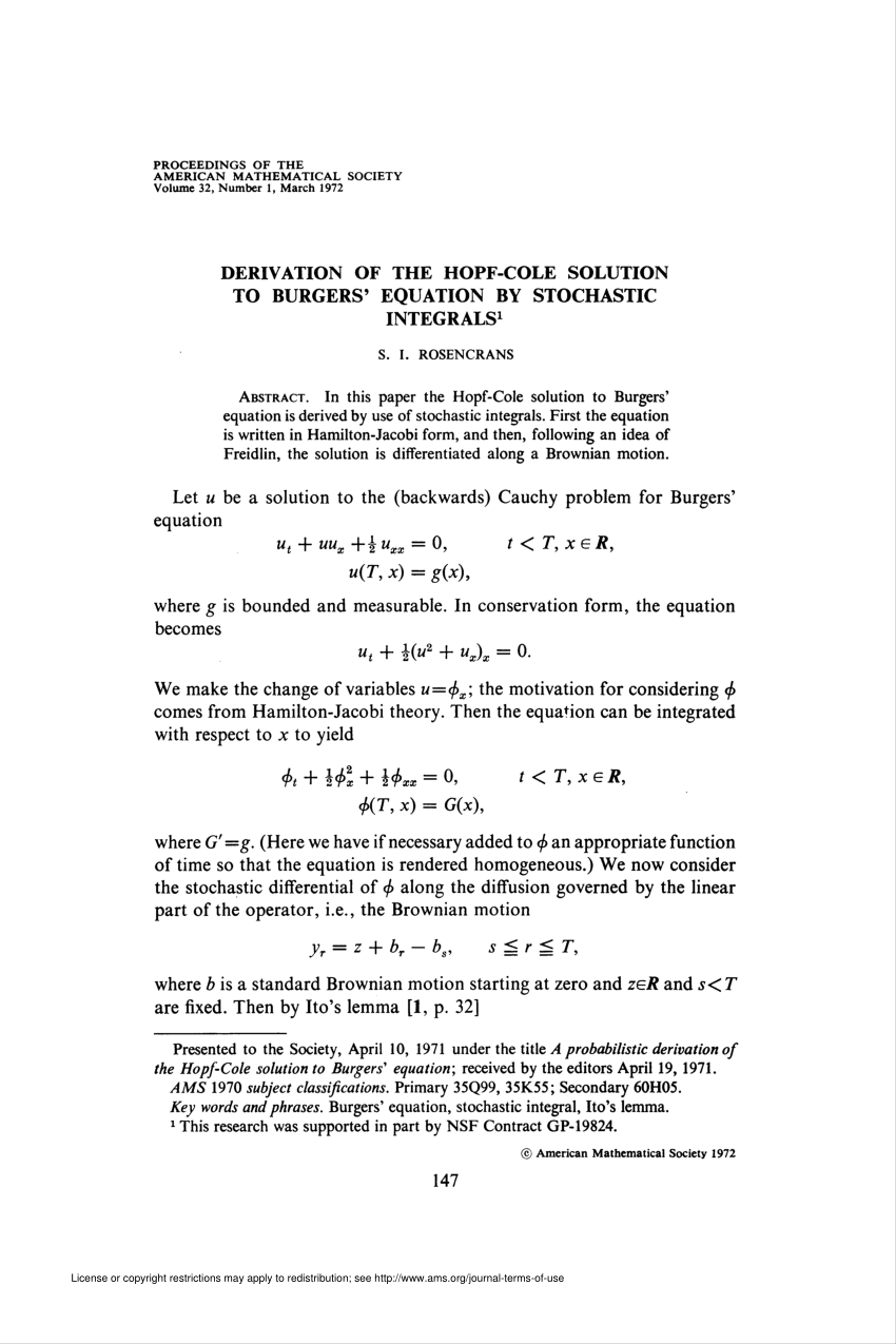 Pdf Derivation Of The Hopf Cole Solution To Burgers Equation By Stochastic Integrals