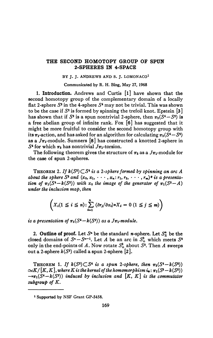 Pdf The Second Homotopy Group Of Spun 2 Spheres In 4 Space