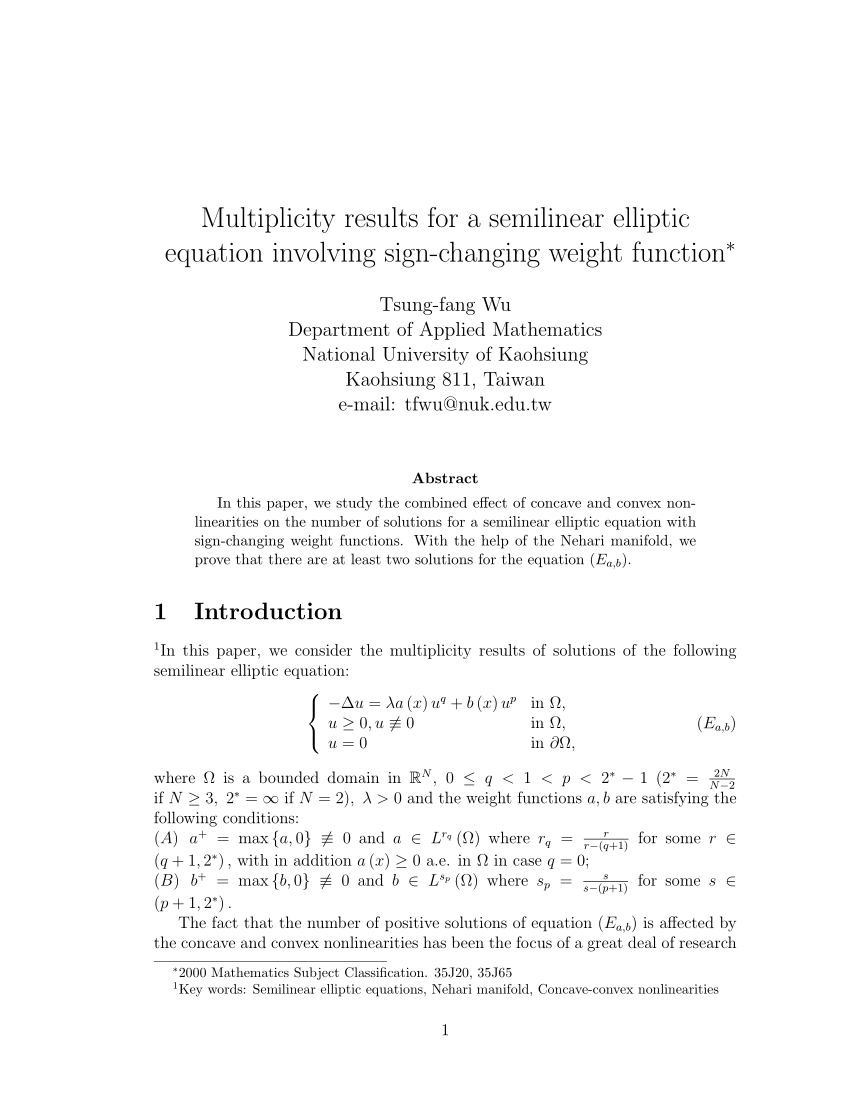 Pdf Multiplicity Results For A Semi Linear Elliptic Equation Involving Sign Changing Weight Function
