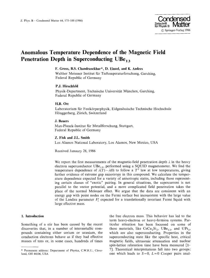 Pdf Anomalous Temperature Dependence Of The Magnetic Field Penetration Depth In Superconducting Ube 13