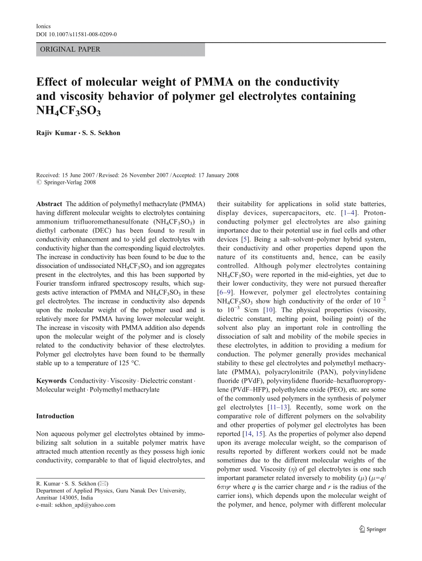 Pdf Effect Of Molecular Weight Of Pmma On The Conductivity And Viscosity Behavior Of Polymer Gel Electrolytes Containing Nh 4 Cf 3 So 3