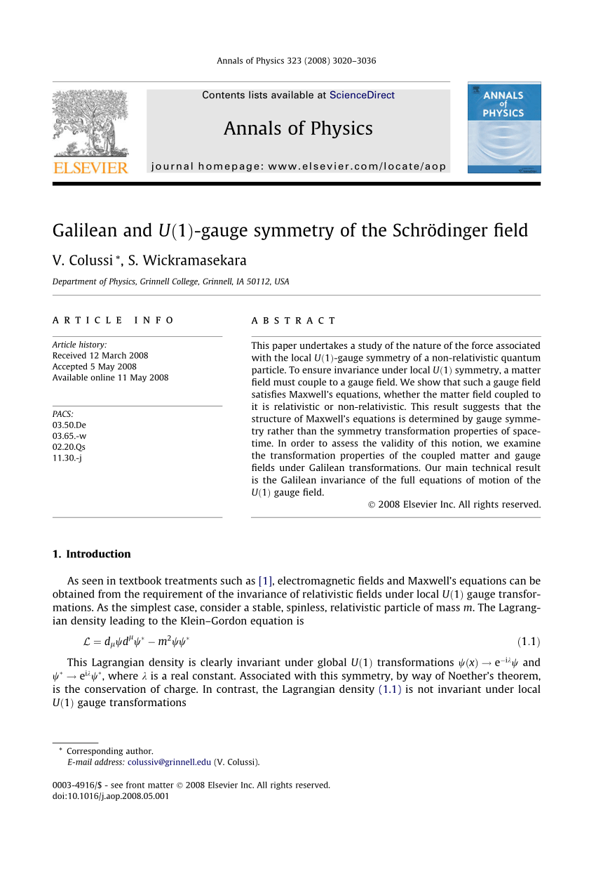 Pdf Galilean And U 1 Gauge Symmetry Of The Schrodinger Field