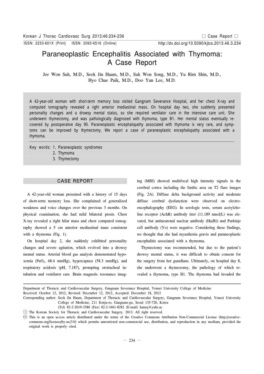 Pdf Paraneoplastic Encephalitis Associated With Thymoma A Case Report 7129