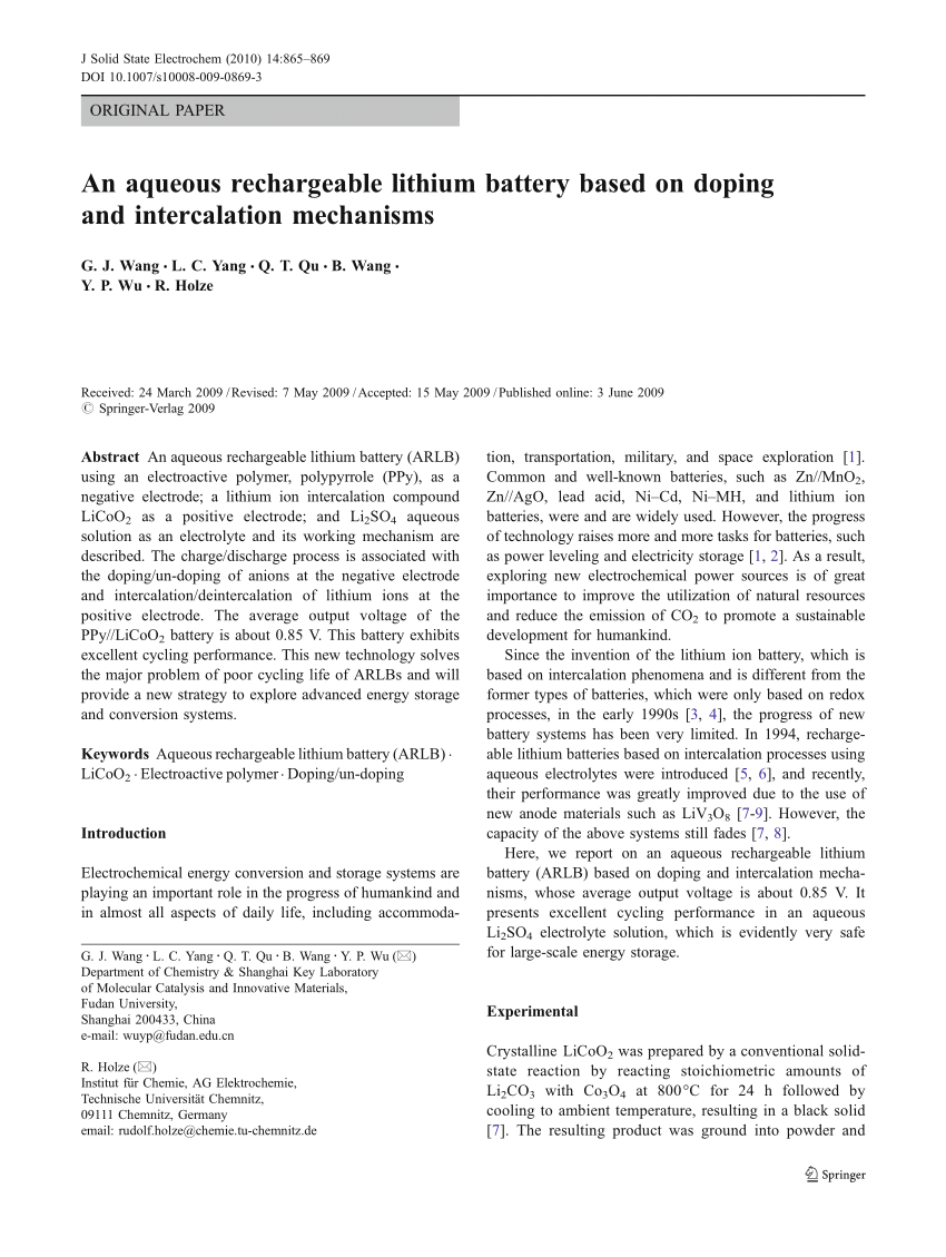 Pdf An Aqueous Rechargeable Lithium Battery Based On Doping And Intercalation Mechanisms