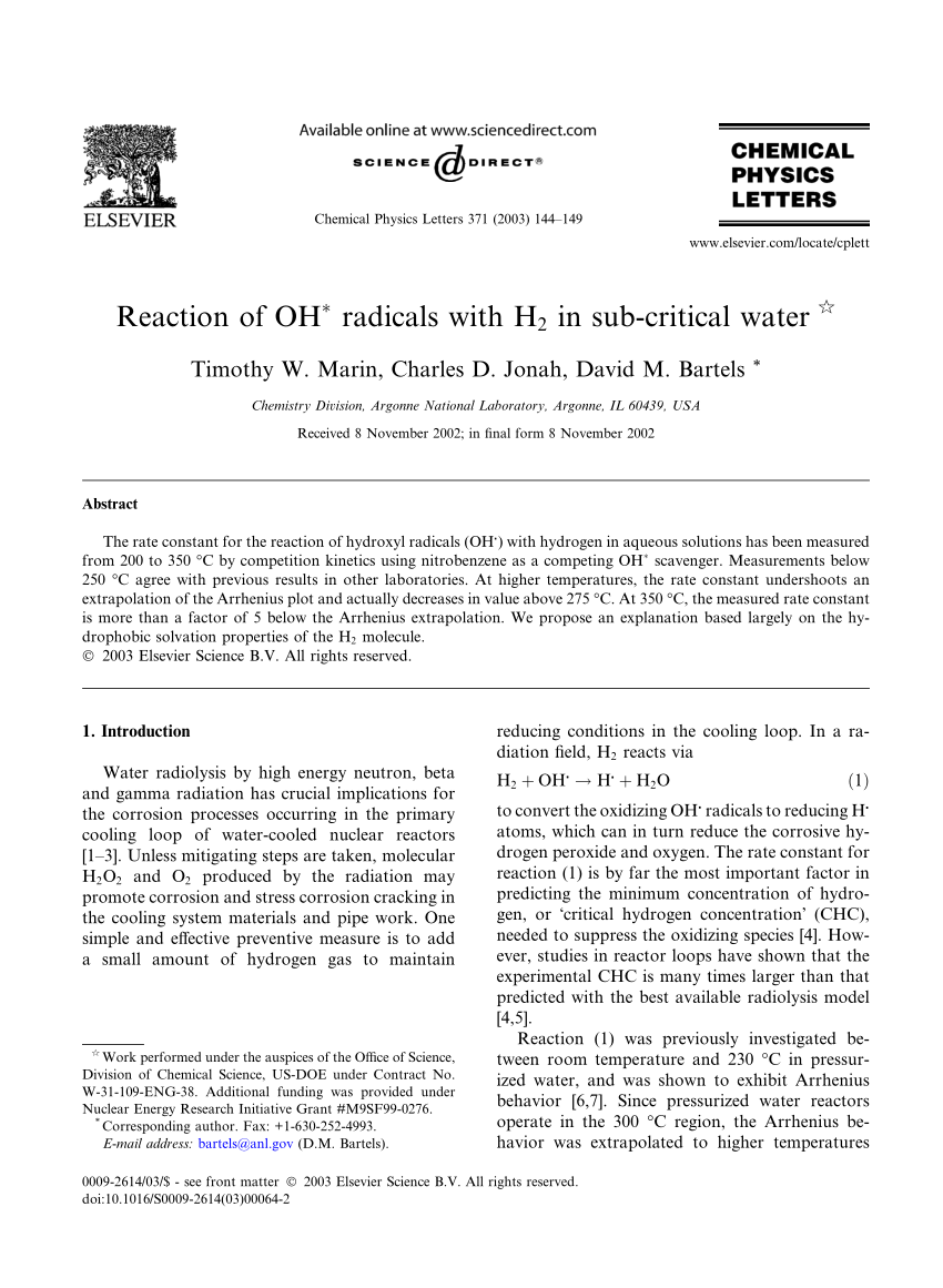 Pdf Reaction Of Oh Radicals With H 2 In Sub Critical Water