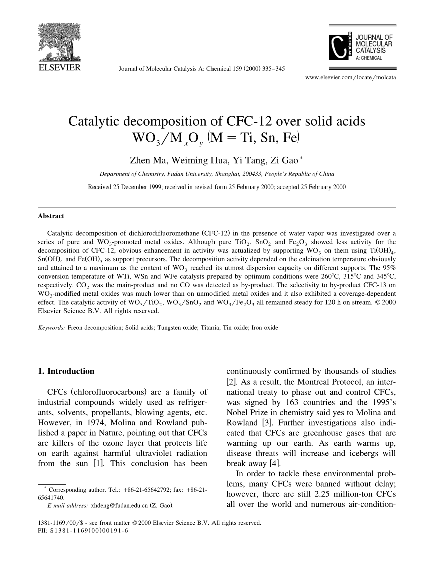 Pdf Catalytic Decomposition Of Cfc12 Over Solid Acids Wo 3 M X O Y M Ti Sn Fe