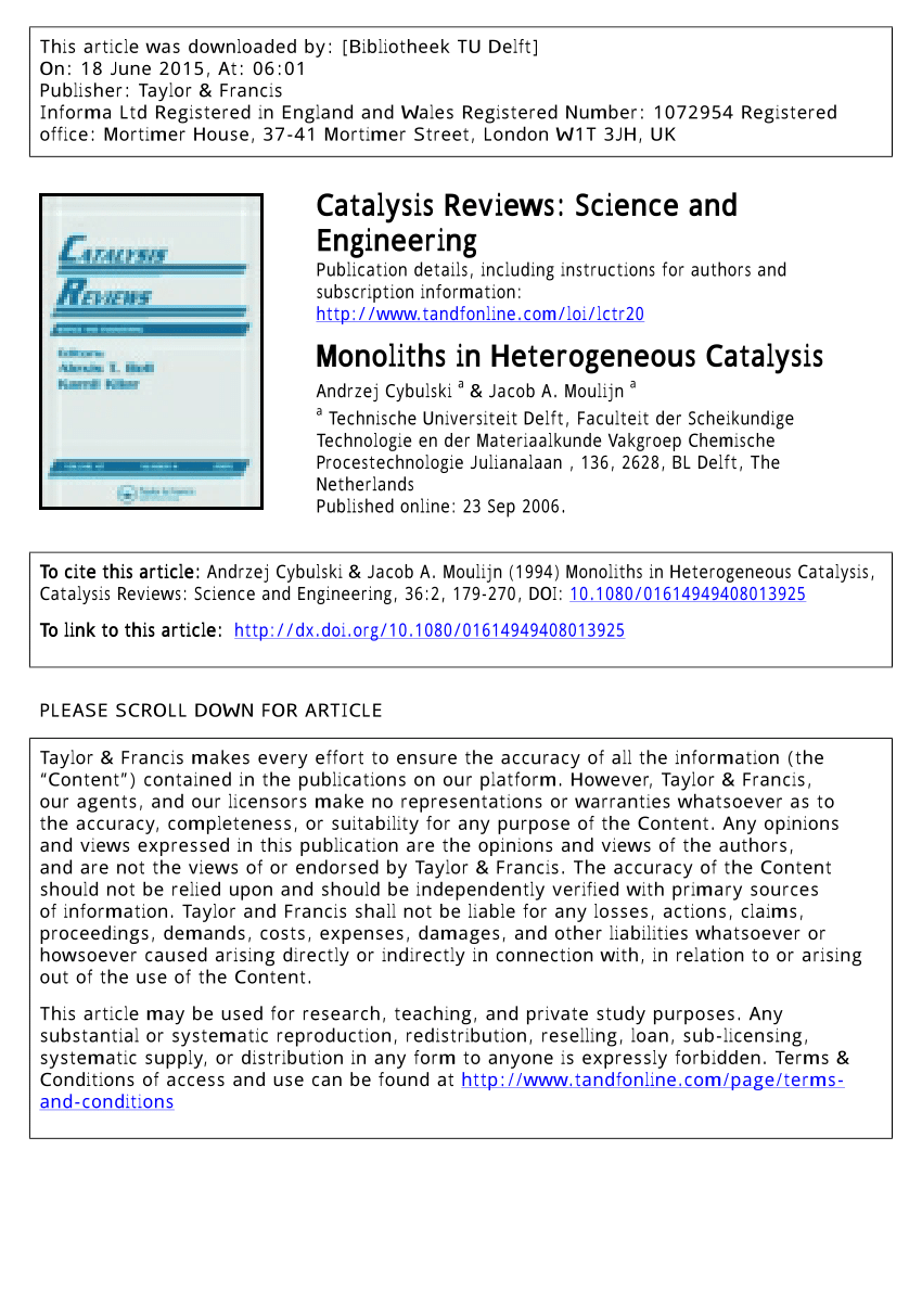 Pdf Monoliths In Heterogeneous Catalysis