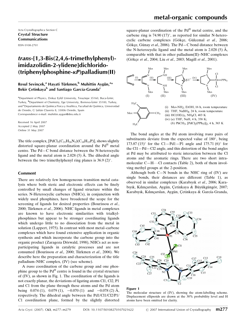 Pdf Trans 1 3bis 2 4 6 Trimethylphenyl Imidazolidin 2 Ylidene Dichlorido Triphenylphosphine K P Palladium Ii