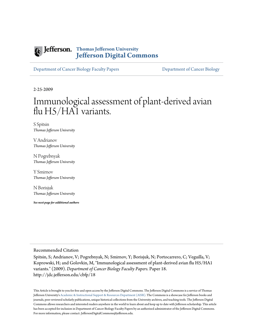 Pdf Immunological Assessment Of Plant Derived Avian Flu H5 Ha1 Variants