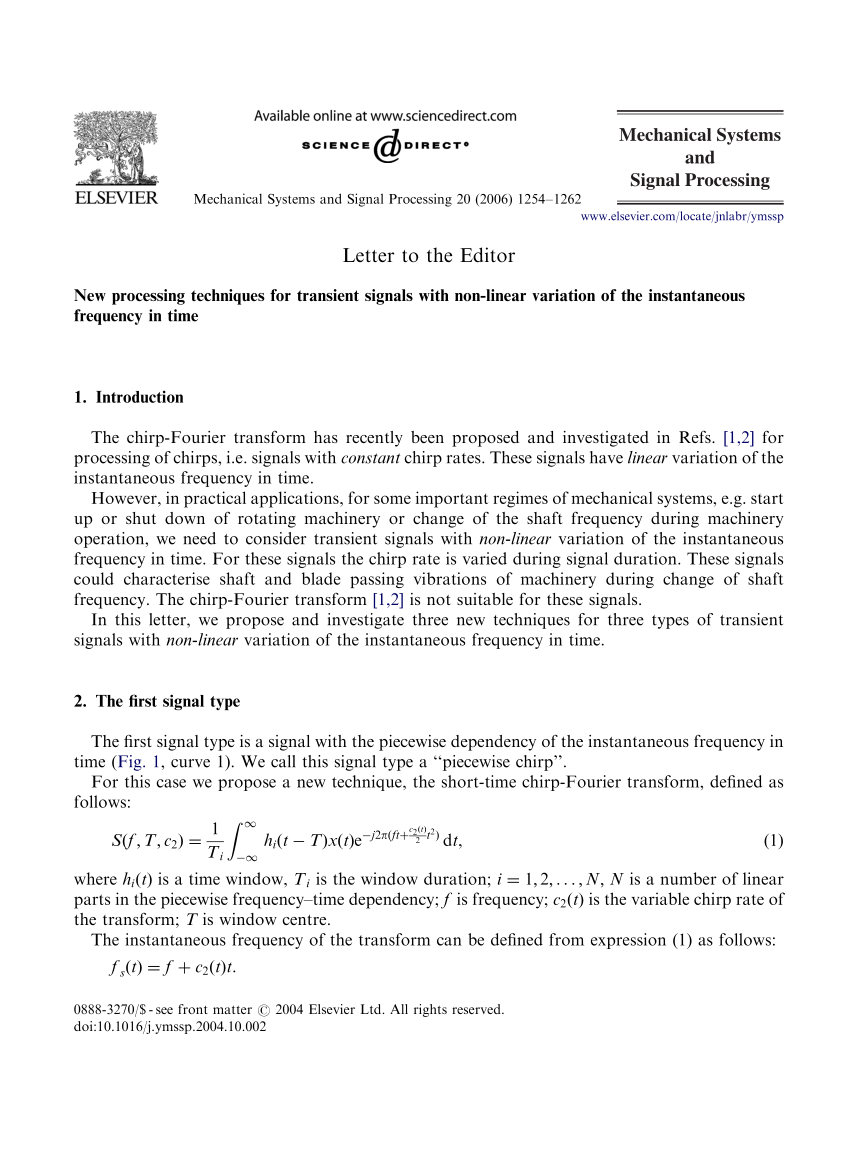 Pdf New Processing Techniques For Transient Signals With Non Linear Variation Of The Instantaneous Frequency In Time