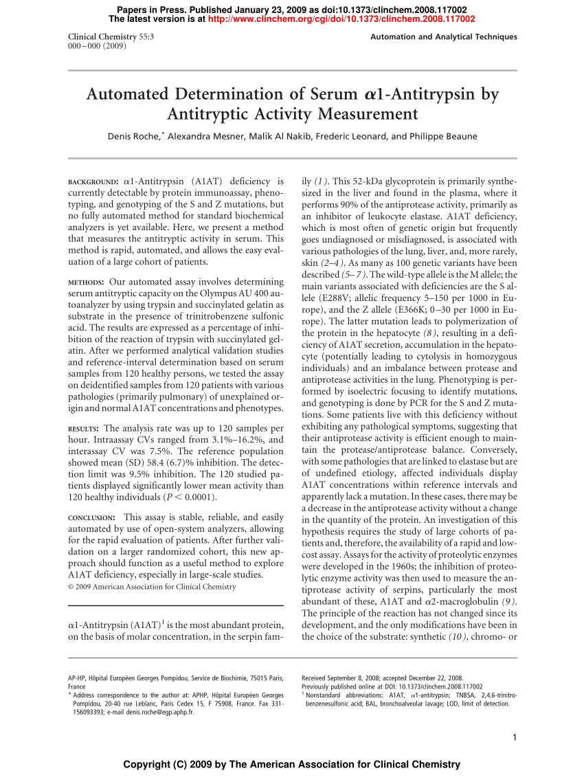 PDF) Automated Determination of Serum 1-Antitrypsin by Antitryptic ...
