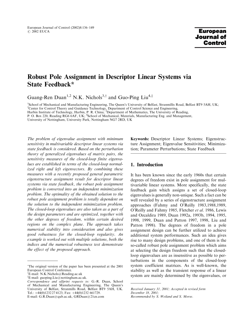 pole assignment in linear state feedback