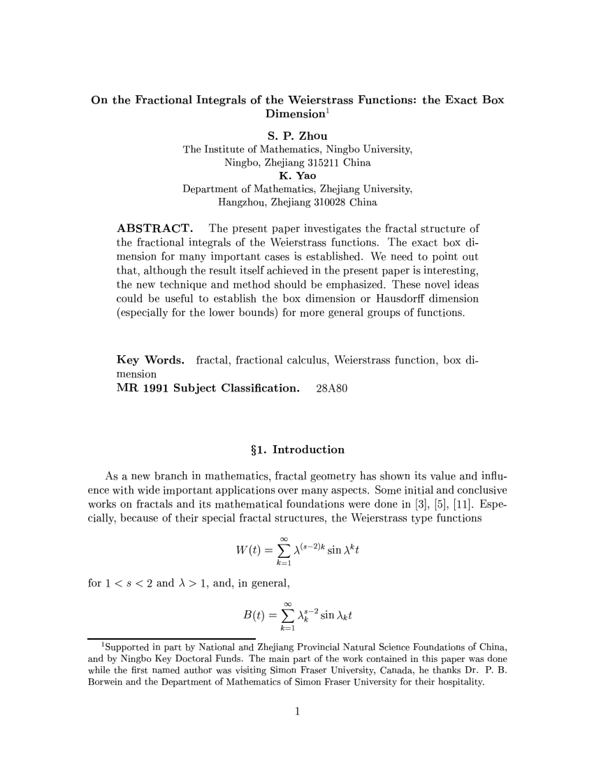 Pdf On The Fractional Integrals Of The Weierstrass Functions The Exact Box Dimension