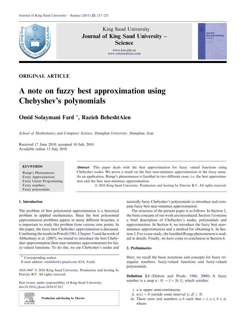 Pdf A Note On Fuzzy Best Approximation Using Chebyshev S Polynomials