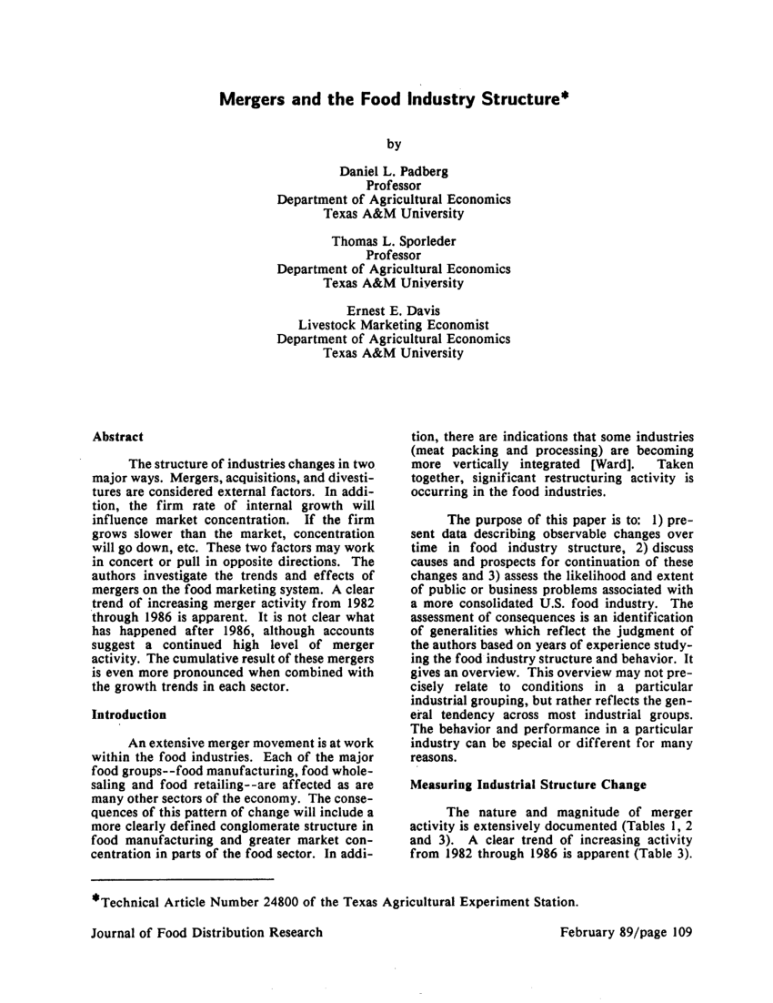 Pdf Mergers And The Food Industry Structure