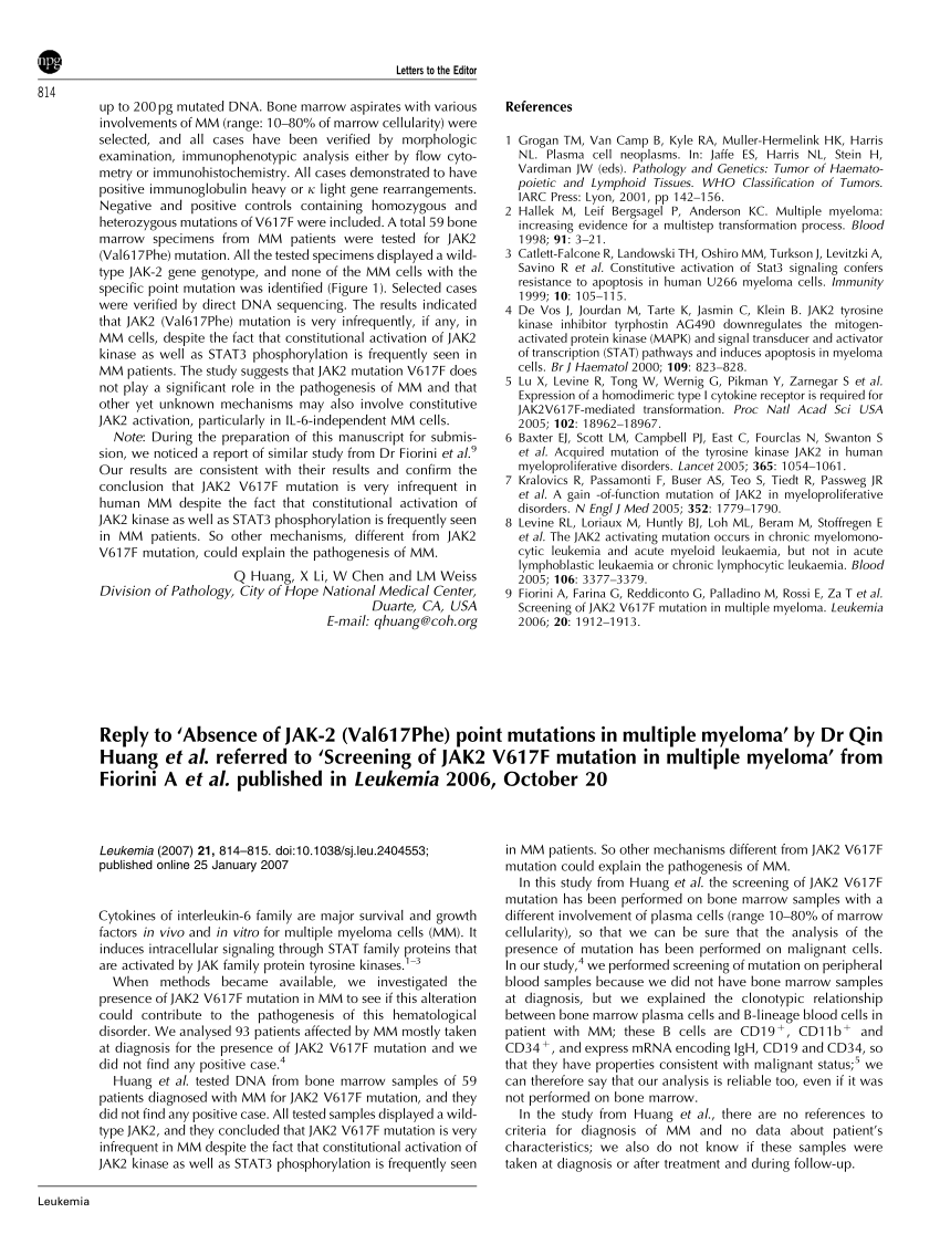(PDF) Reply to ‘Absence of JAK-2 (Val617Phe) point mutations in ...