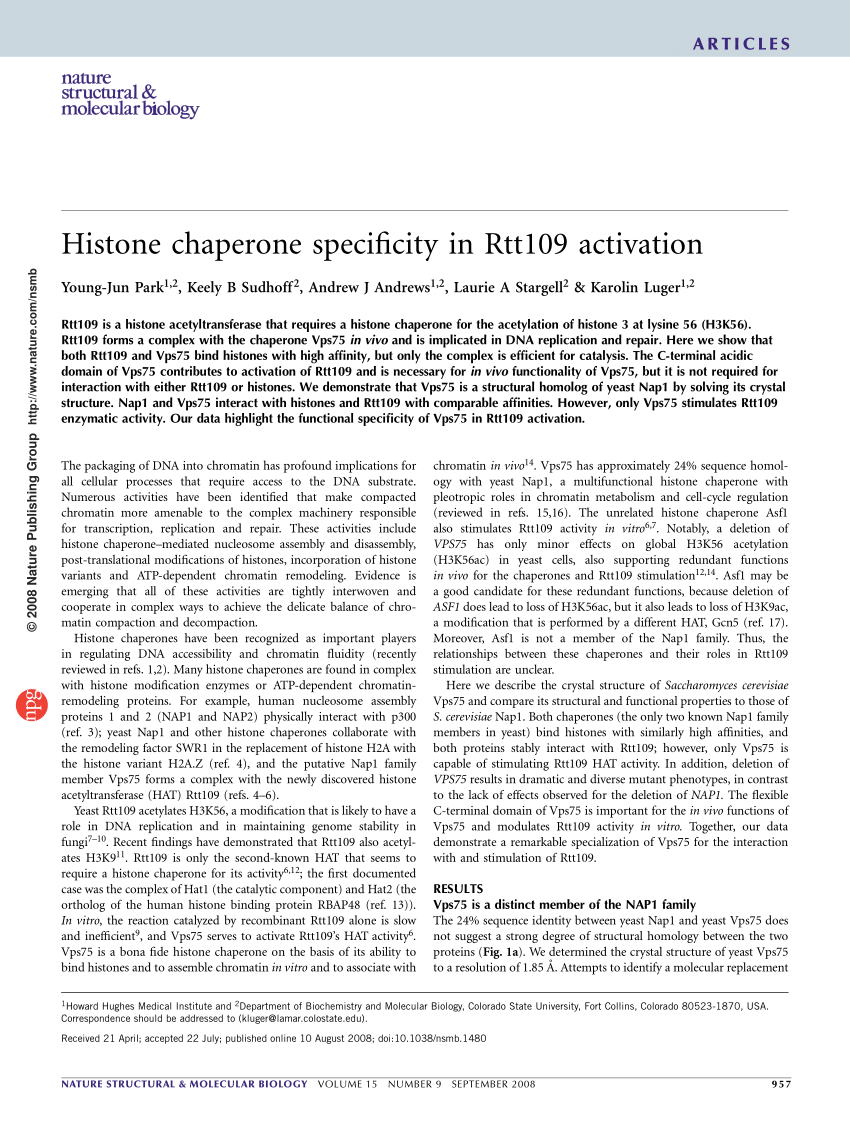 PDF) Histone chaperone specificity in Rtt109 activation