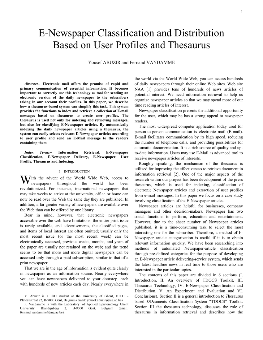 Pdf E Newspaper Classification And Distribution Based On User Profiles And Thesaurus