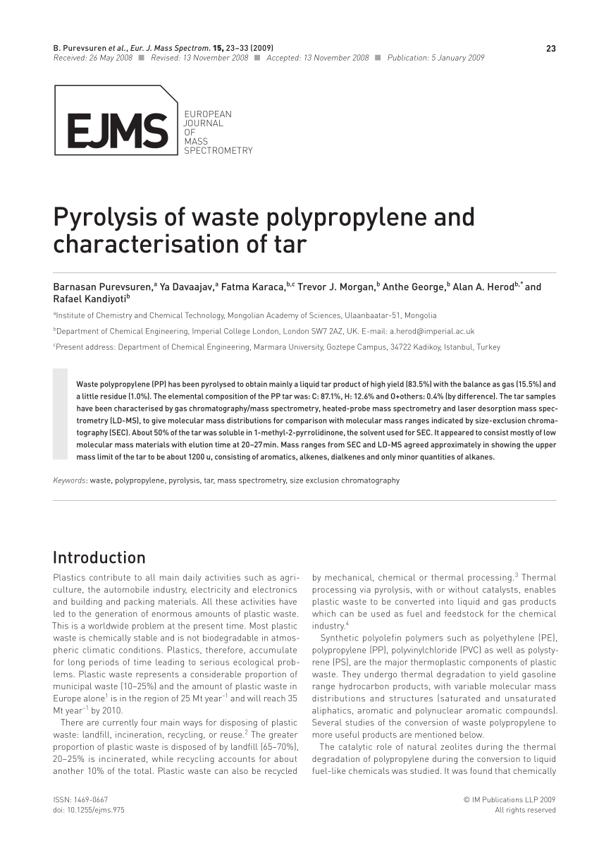 Pdf Pyrolysis Of Waste Polypropylene And Characterisation Of Tar