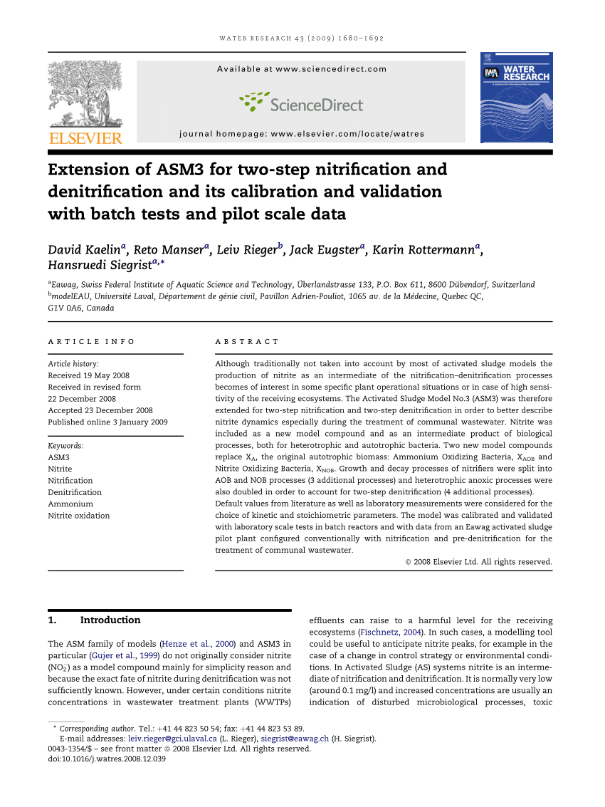 Pdf Extension Of Asm3 For Two Step Nitrification And Denitrification And Its Calibration And Validation With Batch Tests And Pilot Scale Data