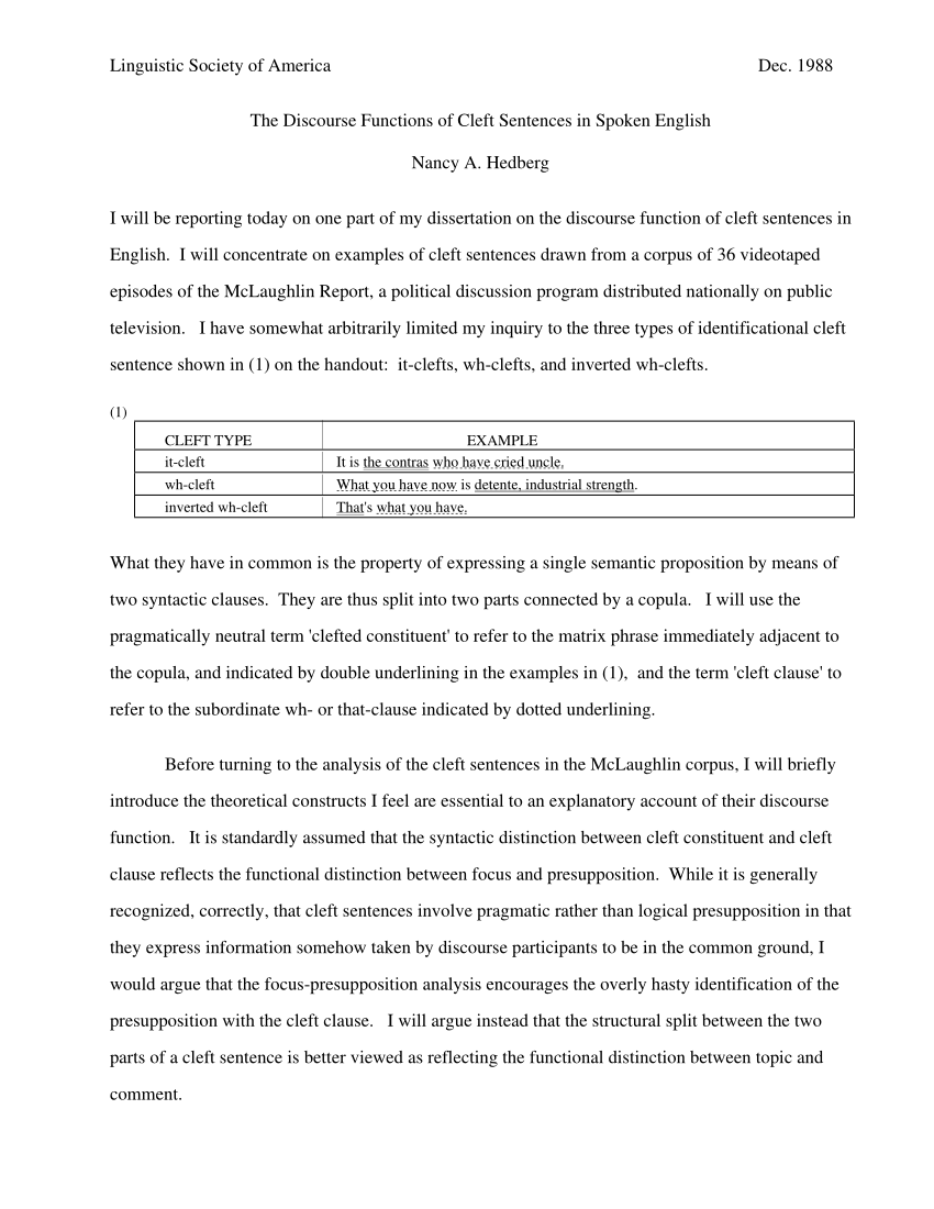 Pdf The Discourse Functions Of Cleft Sentences In Spoken English