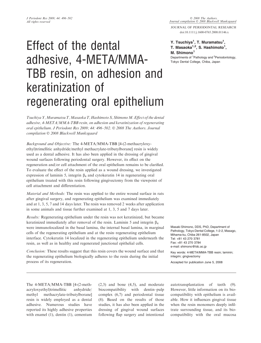 Pdf Effect Of The Dental Adhesive 4 Meta Mma Tbb Resin On Adhesion And Keratinization Of Regenerating Oral Epithelium