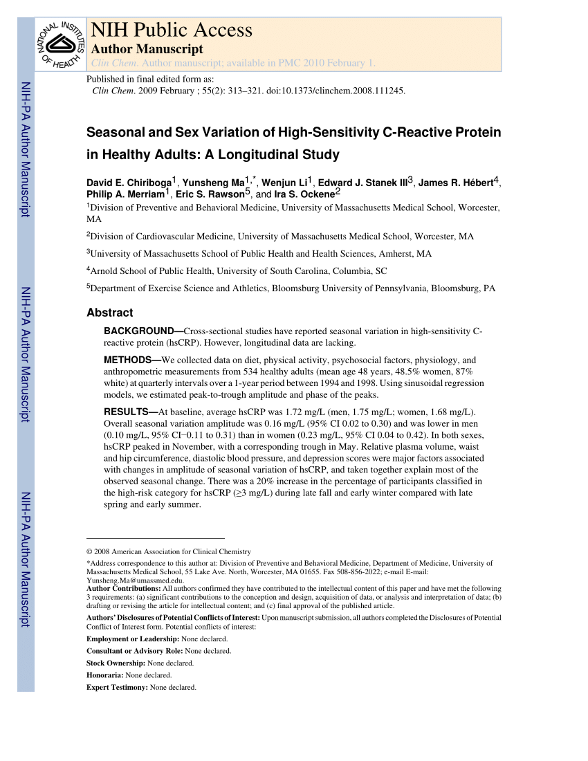 Pdf Seasonal And Sex Variation Of High Sensitivity C Reactive Protein In Healthy Adults A 4434