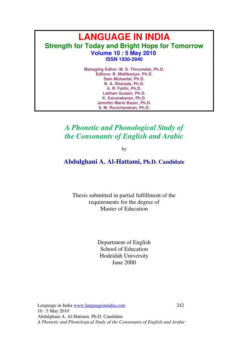 Pdf A Phonetic And Phonological Study Of The Consonants Of English And Arabic