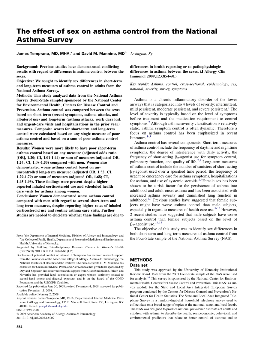 Pdf The Effect Of Sex On Asthma Control From The National Asthma Survey