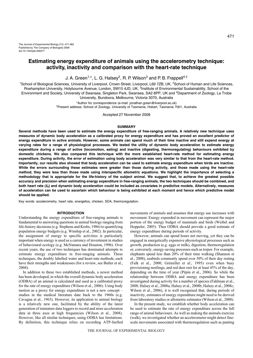 PDF) Estimating energy expenditure of animals using the accelerometry technique Activity, inactivity and comparison with the heart-rate technique picture