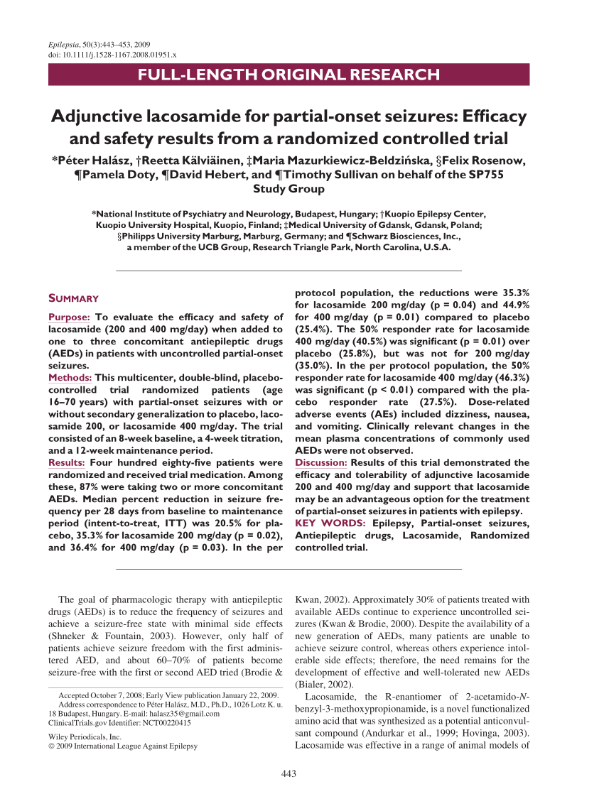 Pdf Adjunctive Lacosamide For Partial Onset Seizures Efficacy And Safety Results From A Randomized Controlled Trial