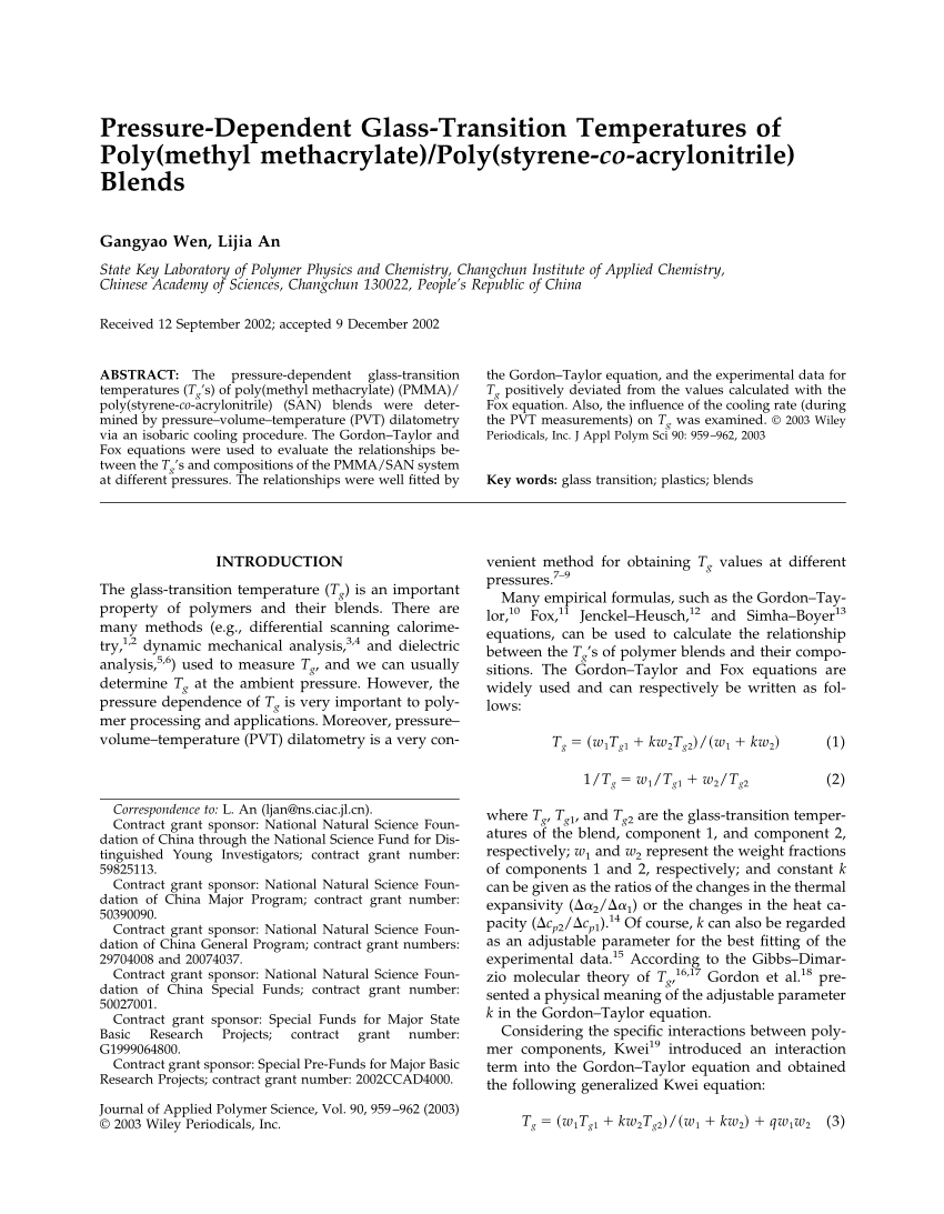 Pdf Pressure Dependent Glass Transition Temperatures Of Poly Methyl Methacrylate Poly Styrene Co Acrylonitrile Blends