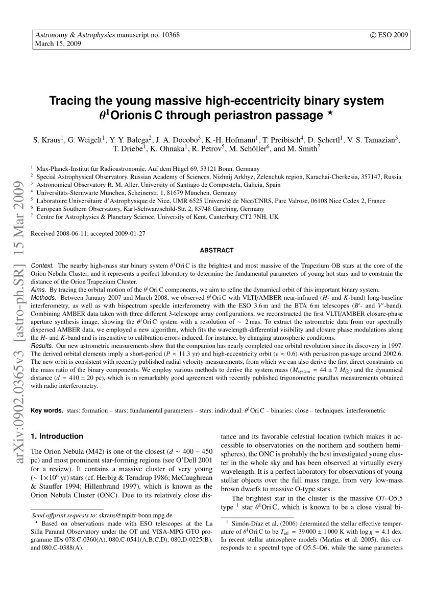 Pdf Tracing The Young Massive High Eccentricity Binary System Theta 1 Orionis C Through Periastron Passage