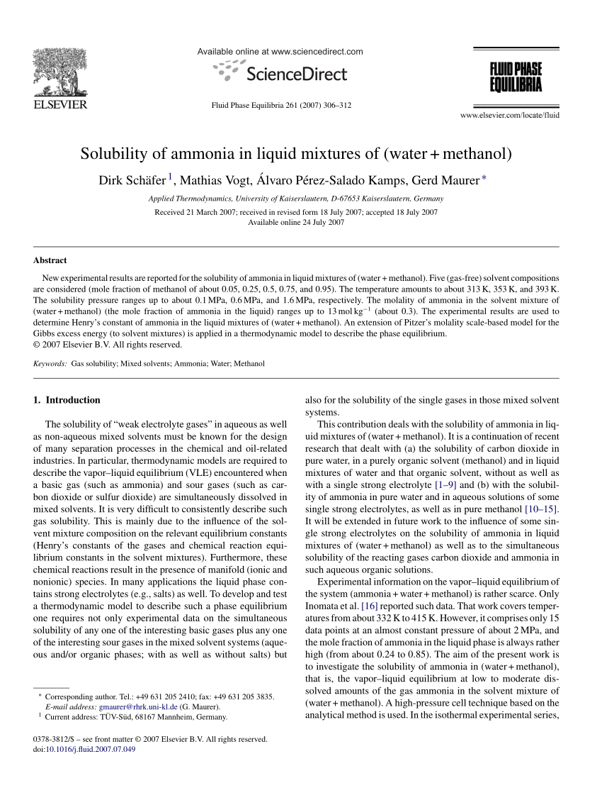 Pdf Solubility Of Ammonia In Liquid Mixtures Of Water Methanol