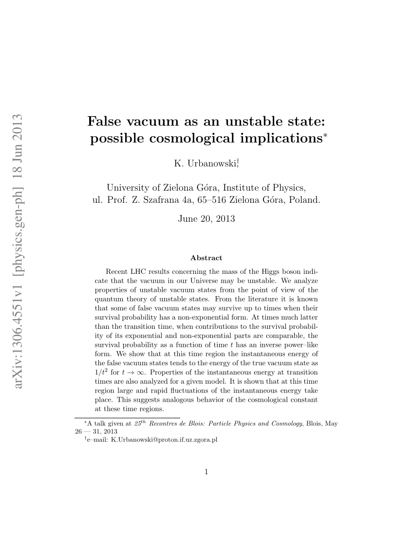 (PDF) False vacuum as an unstable state possible cosmological implications