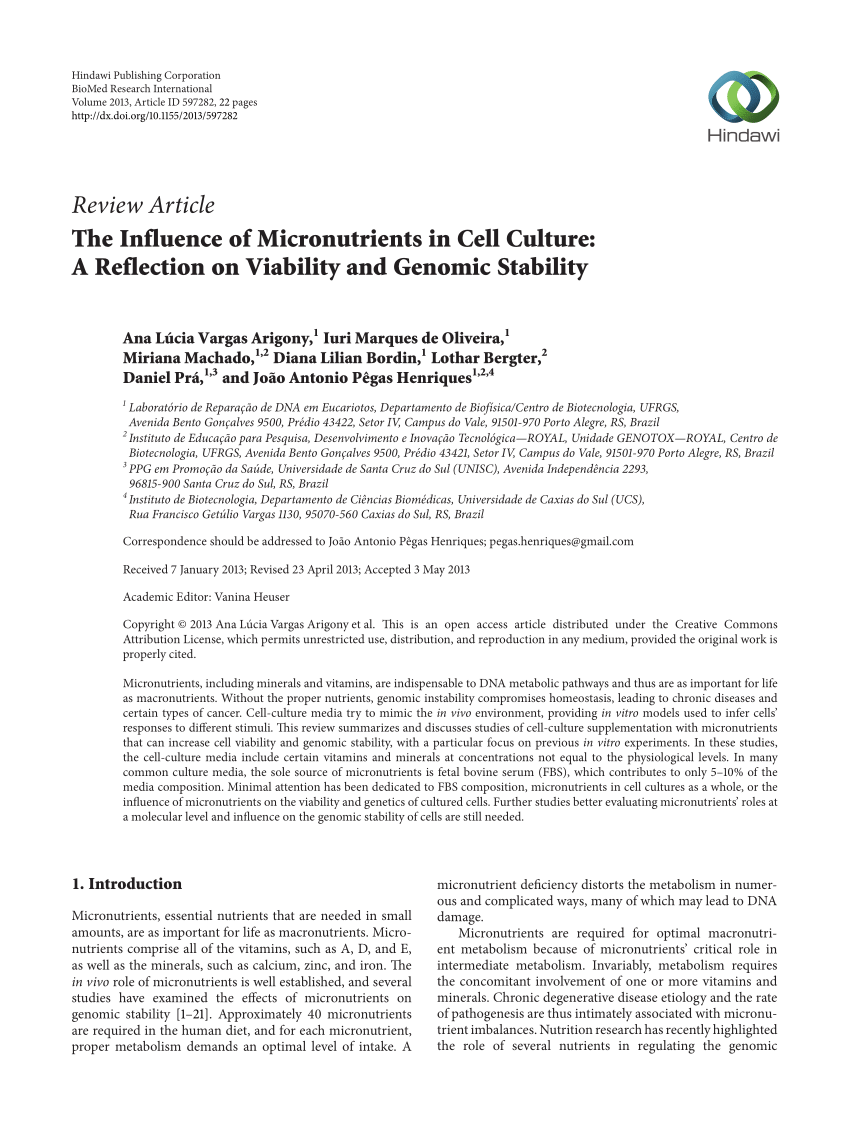 Pdf The Influence Of Micronutrients In Cell Culture A Reflection On Viability And Genomic Stability
