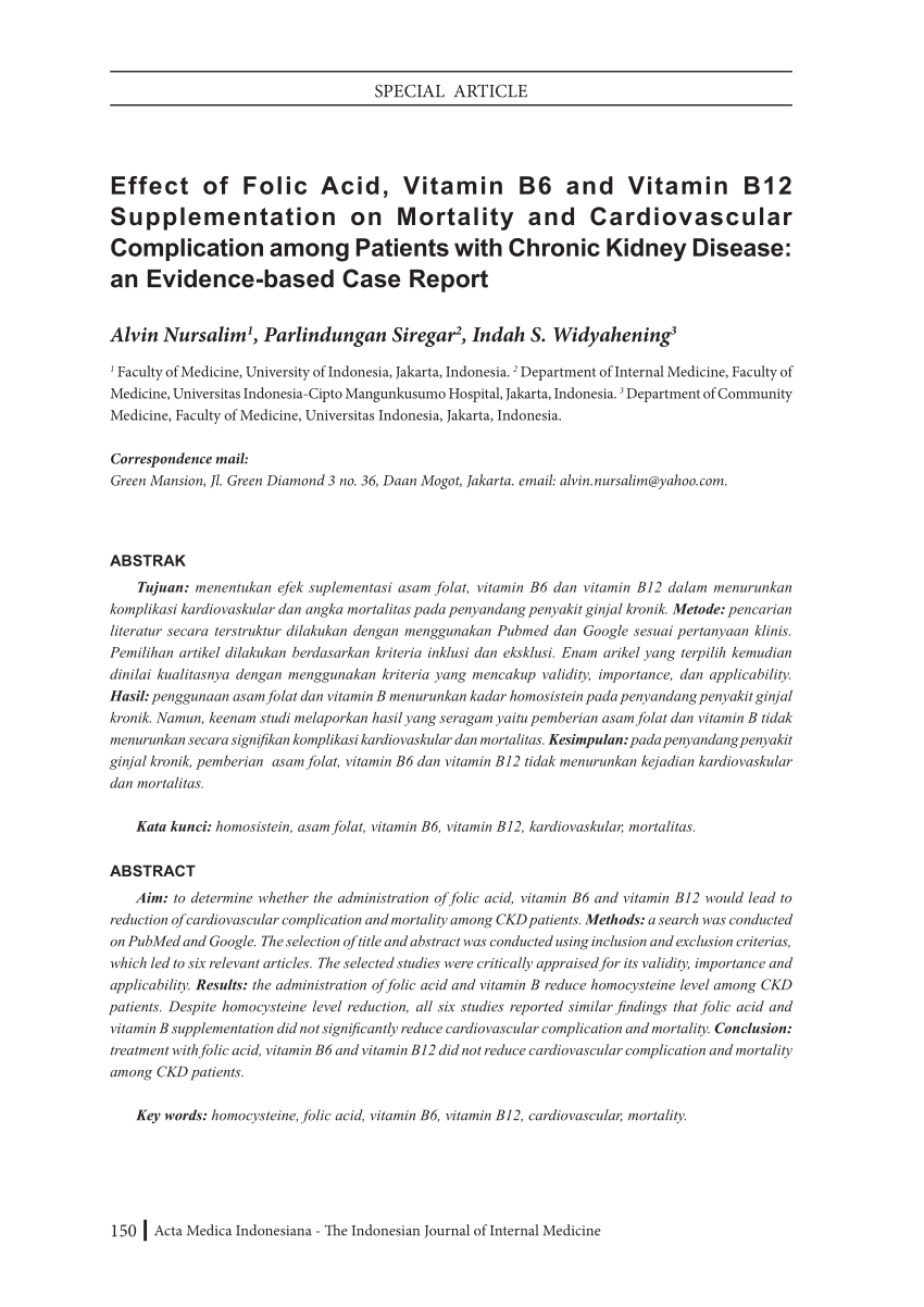 PDF) Effect of Folic Acid, Vitamin B6 and Vitamin B12 Supplementation on Mortality and Cardiovascular Complication among Patients with Chronic Kidney Disease an Evidence-based Case Report. pic