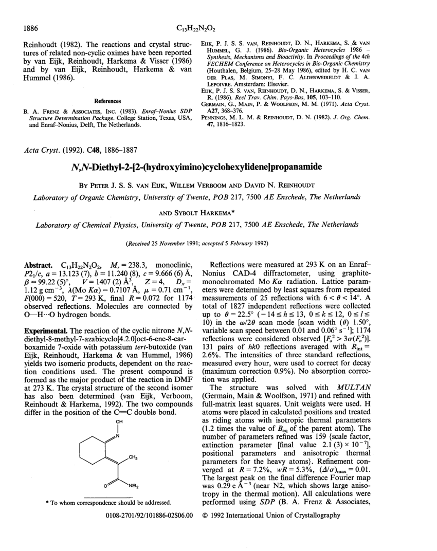 Pdf N N Diethyl 2 2 Hydroxyimino Cyclohexylidine Propanamide