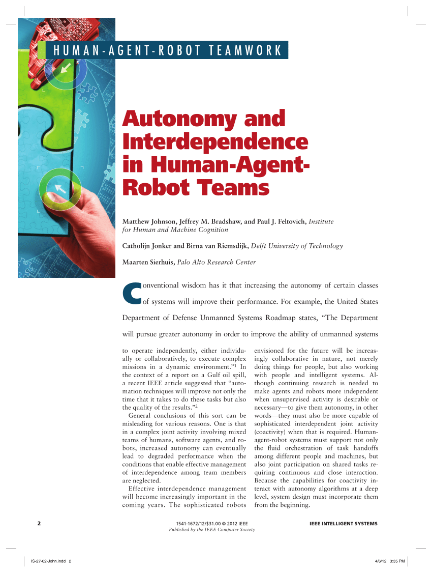 Pdf Autonomy And Interdependence In Human Agent Robot Teams