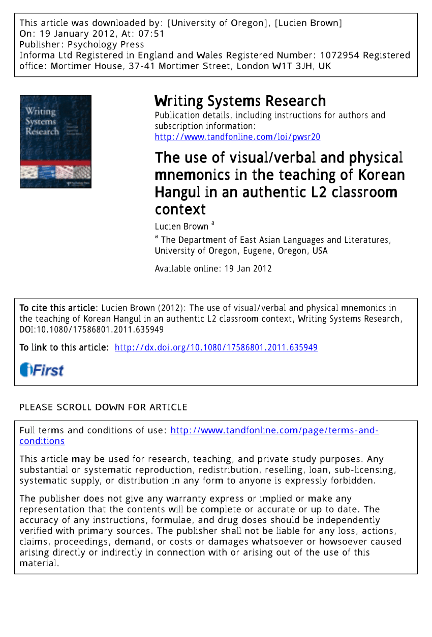 PDF) The use of visual/verbal and physical mnemonics in the teaching of  Korean Hangul in an authentic L2 classroom context