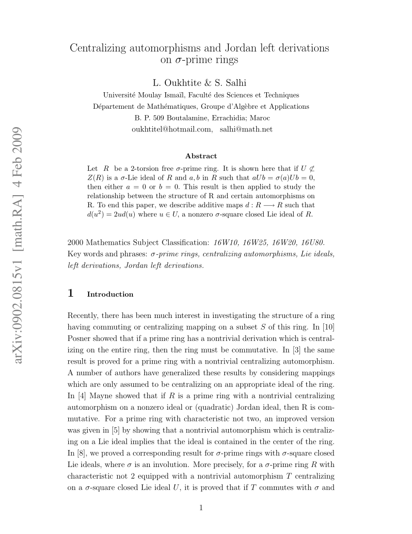 PDF) Centralizing automorphisms and Jordan left derivations on σ